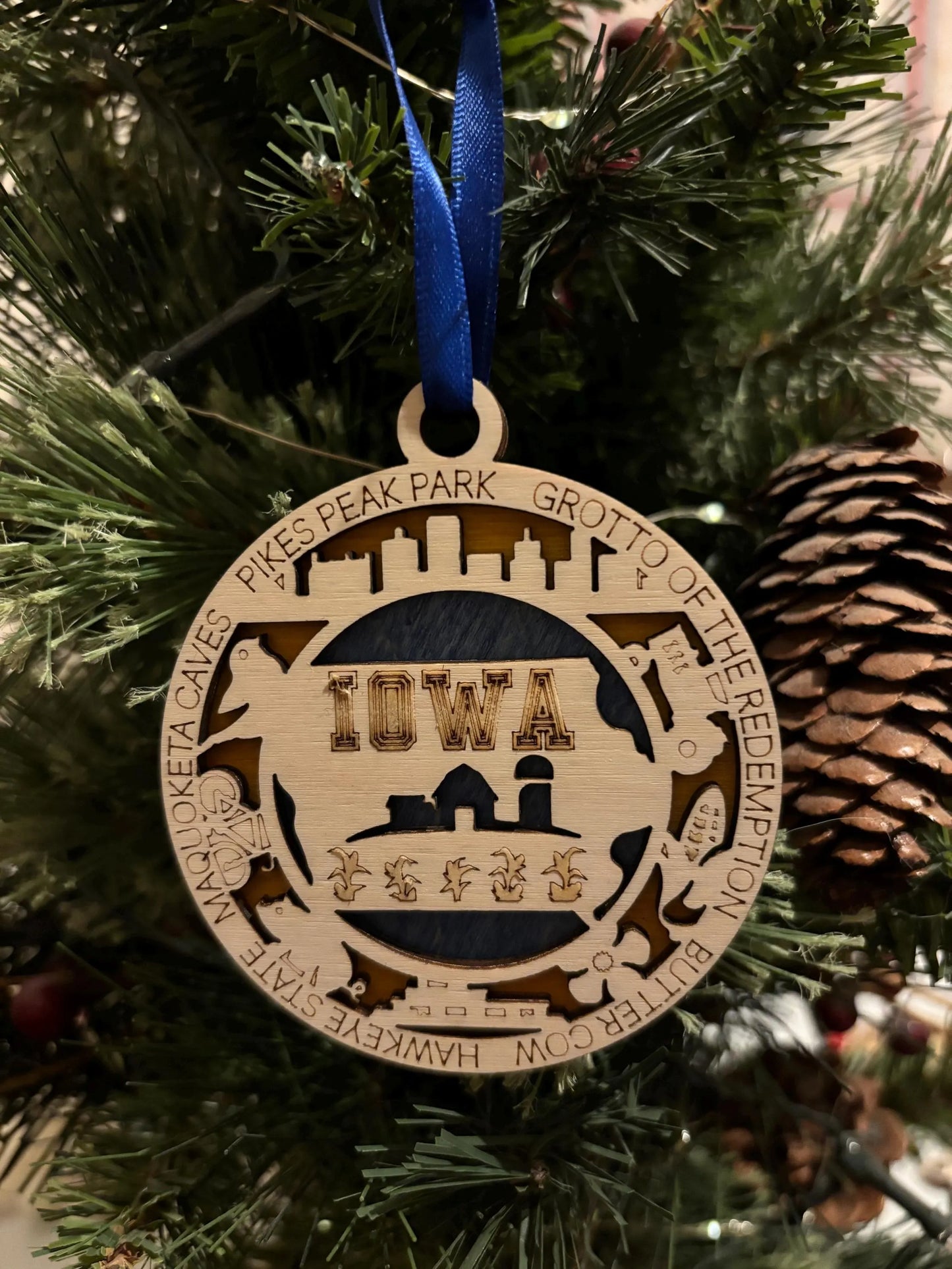 Wooden Iowa tree ornament